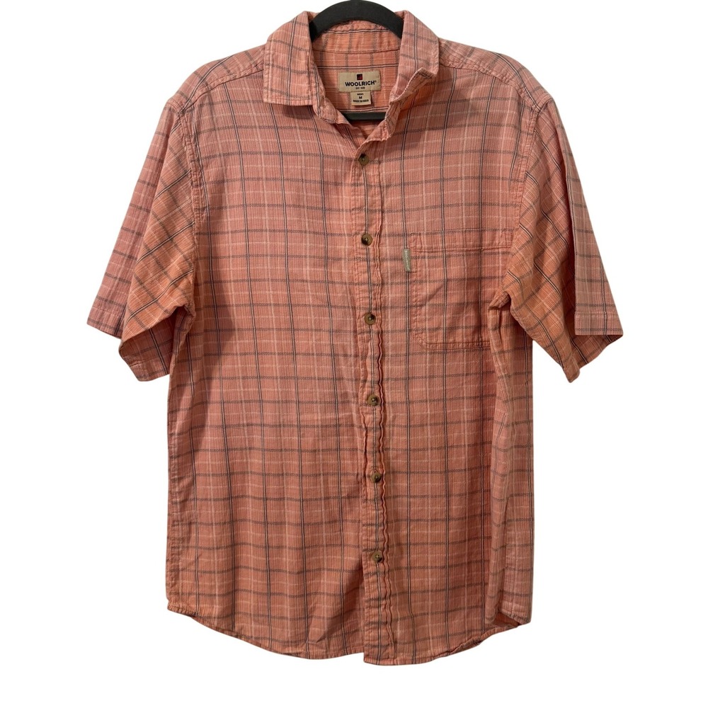 Woolrich Camp Shirt Mens M Salmon Pink Plaid Cotton Gauze Short Sleeve Button Up
